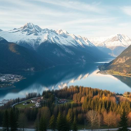 Picturesque view of Interlaken, Switzerland between two lakes and snow-capped mountains