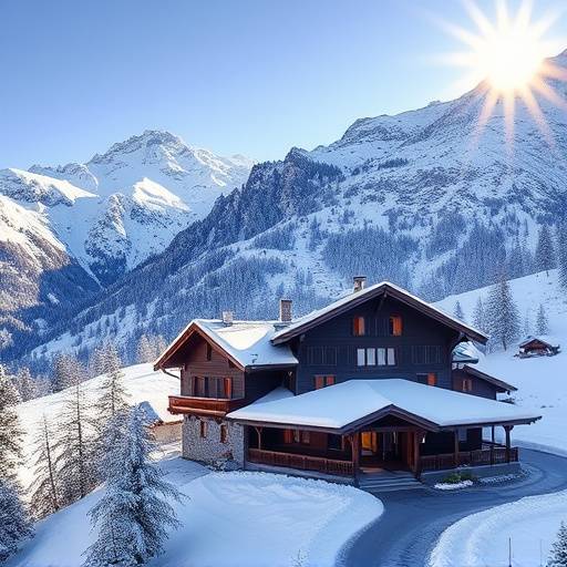 Snowy mountain peaks overlooking a chalet in Zermatt, Switzerland
